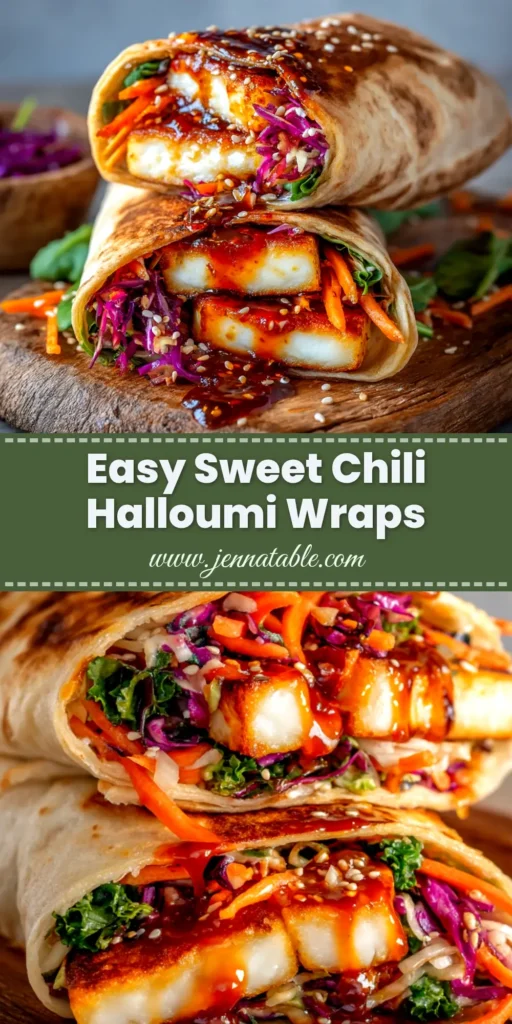A delicious Sweet Chili Halloumi Wrap cut in half and stacked, showing the crispy halloumi and fresh lettuce inside. The perfect quick and easy vegetarian meal.