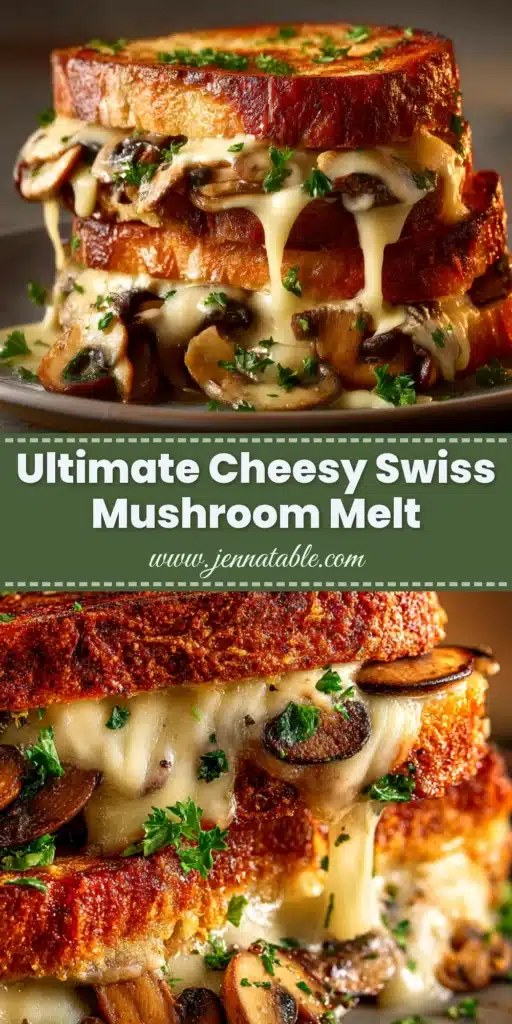 A delicious Swiss mushroom melt sandwich cut in half, revealing a juicy beef patty, melted Swiss cheese, and savory mushrooms on grilled bread.