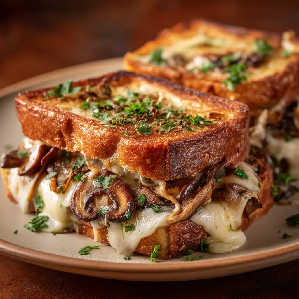 A close-up of the juicy ground beef patty and melted Swiss cheese inside the mushroom melt sandwich.