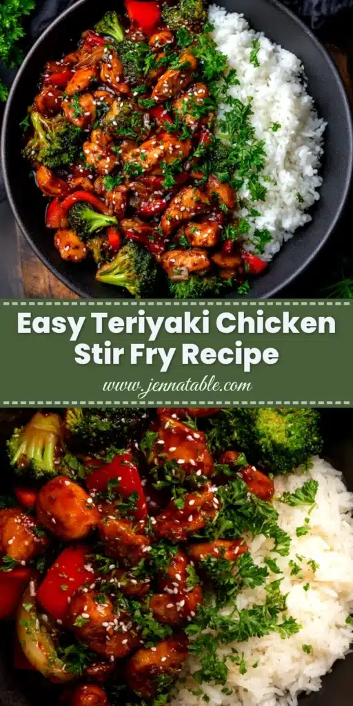 A delicious and easy Teriyaki Chicken Stir Fry in a skillet, garnished with sesame seeds and green onions. The perfect quick weeknight dinner.