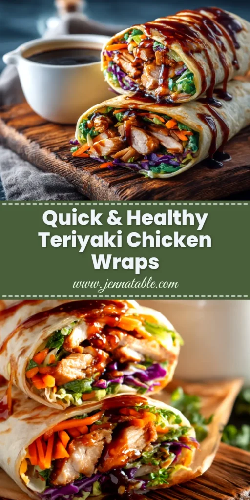 An easy Teriyaki Chicken Wrap cut in half and stacked, showing the delicious filling of chicken, lettuce, and carrots. The perfect 30-minute meal.