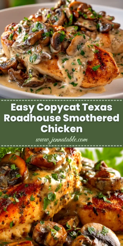 A close-up overhead shot of two Texas Roadhouse Smothered Chicken breasts on a plate, topped with sautéed mushrooms, onions, and melted Monterey Jack cheese.