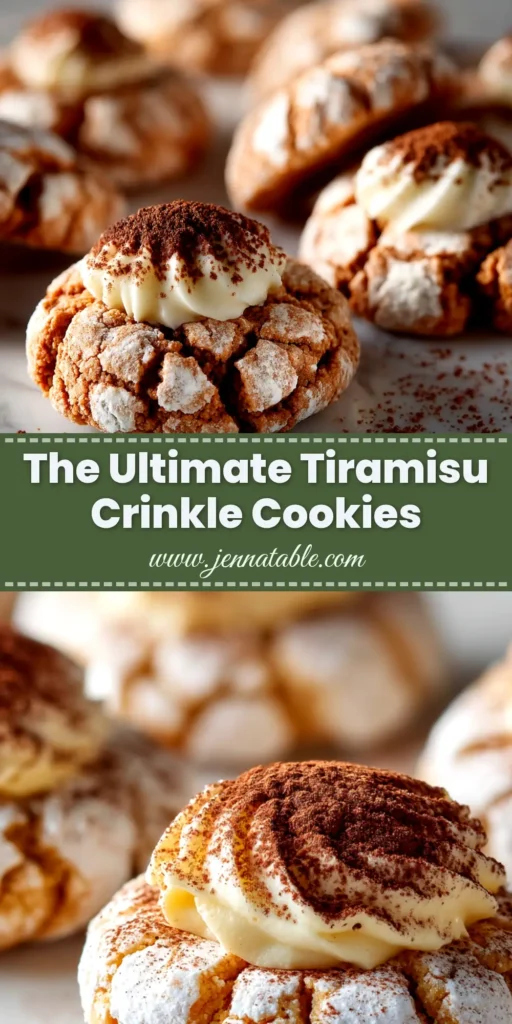 A stack of Tiramisu Crinkle Cookies with creamy mascarpone filling, dusted with cocoa powder on a white plate. The perfect easy dessert recipe.