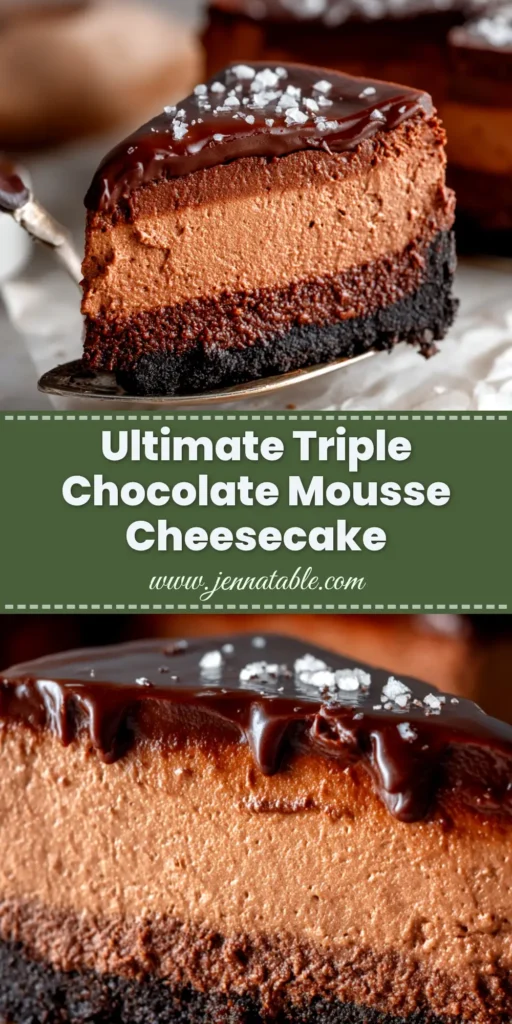 A stunning overhead shot of the full Triple Chocolate Mousse Cheesecake, showing the glossy ganache topping and a single slice removed to reveal the perfect layers.