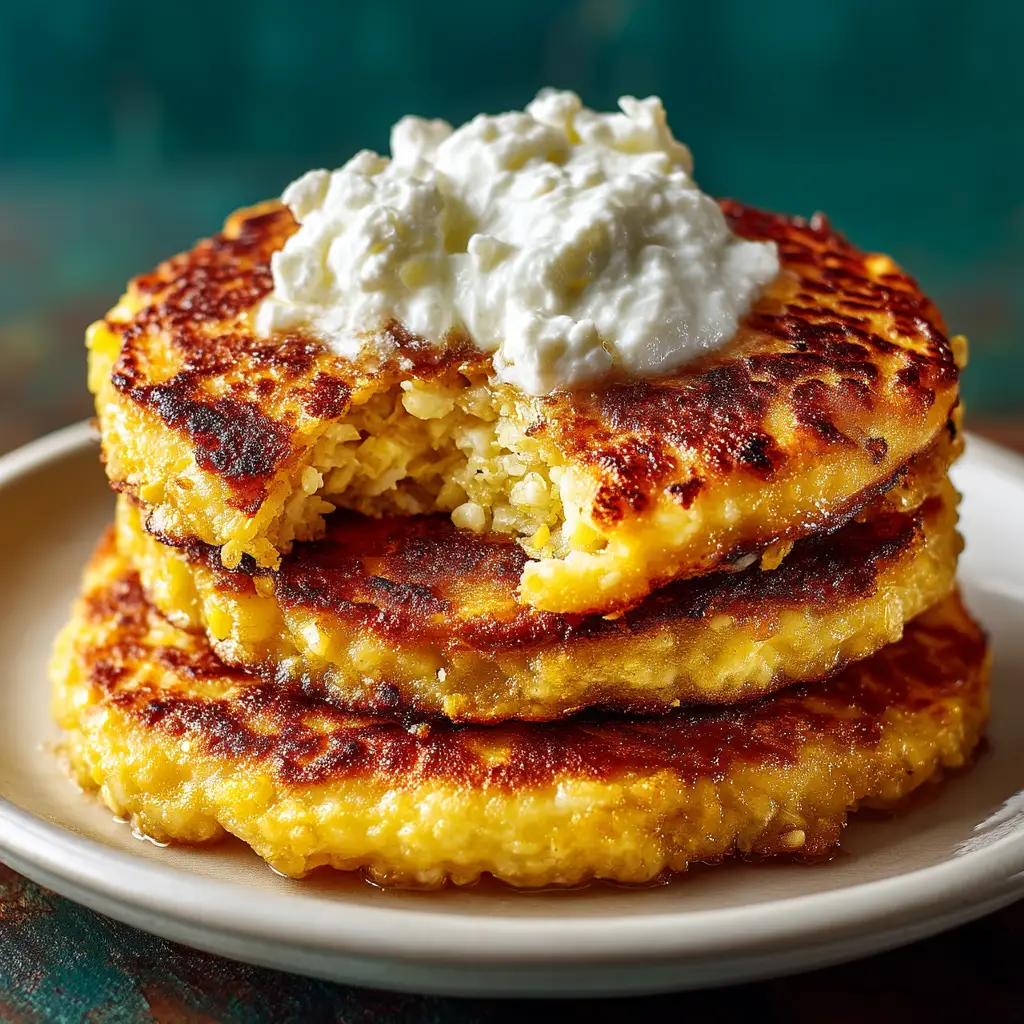 A beautiful stack of three Venezuelan sweet corn pancakes, also known as cachapas, on a rustic plate. The image illustrates the texture and color of the finished dish from the cachapas recipe.
