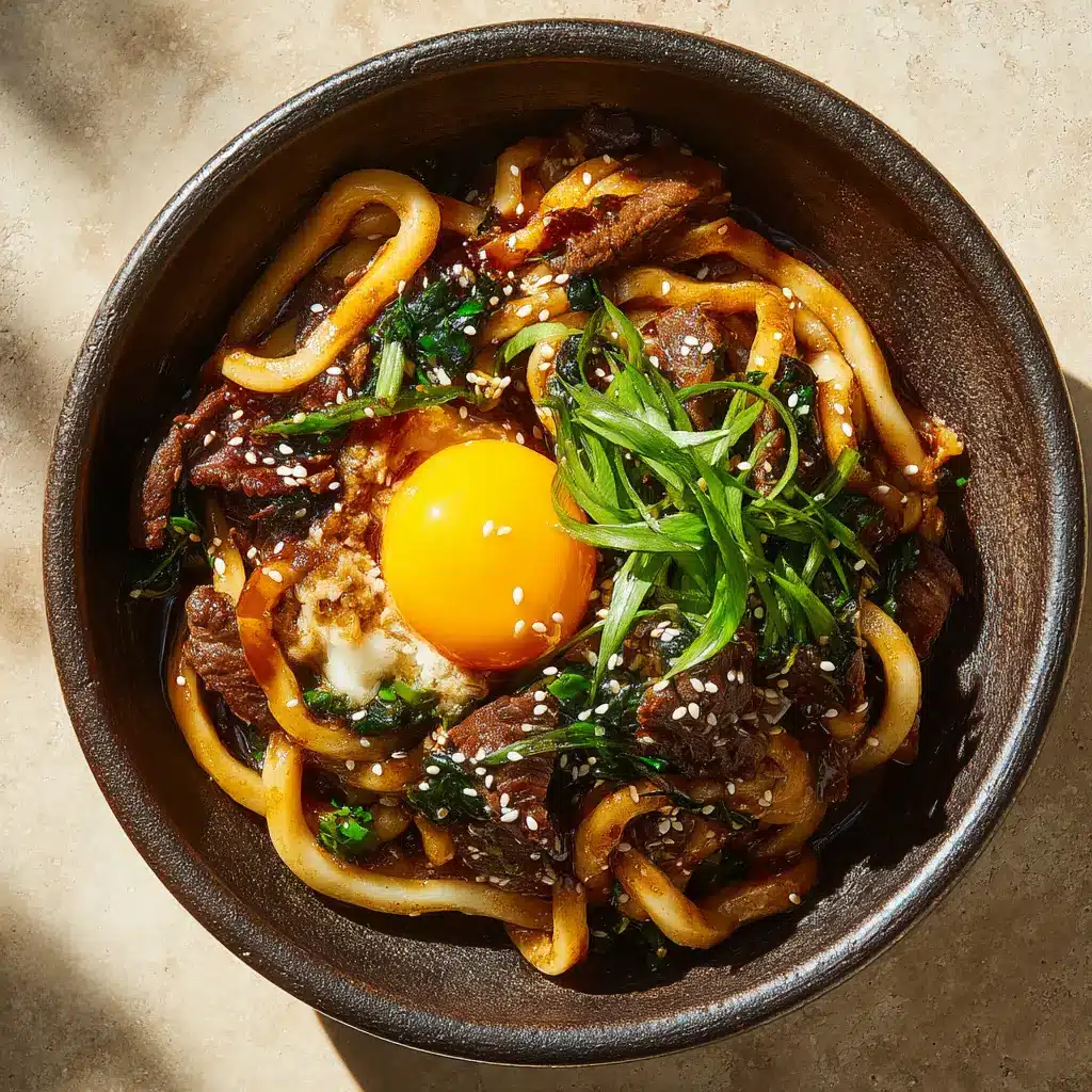 A close-up, top-down view of a savory bowl of Yaki Udon, showcasing the chewy udon noodles and rich stir-fry sauce.