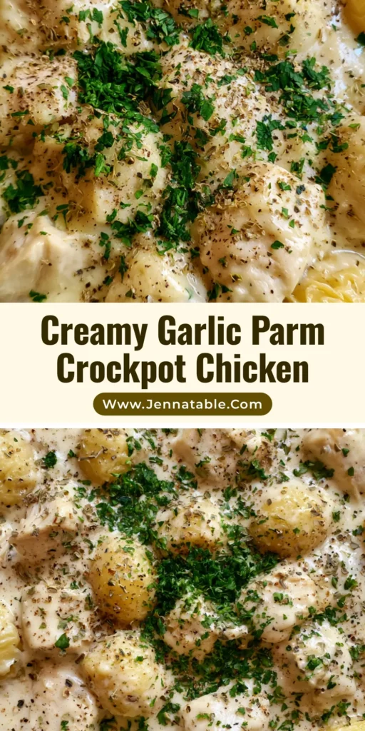 Crockpot Garlic Parmesan Chicken and Potatoes with Velvety Cream Sauce 4 A top-down shot of Crockpot Garlic Parmesan Chicken and Potatoes in a dark ceramic pot, featuring a creamy white sauce, wrinkled yellow potatoes, and fresh parsley garnish.