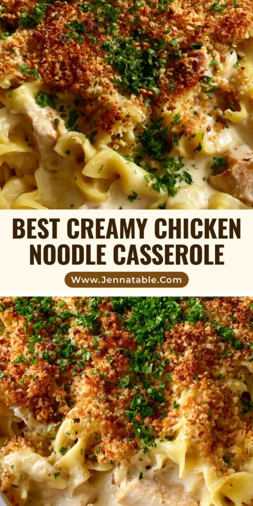 A handheld smartphone photo of a white rectangular ceramic baking dish filled with a creamy Chicken Noodle Casserole topped with toasted golden-brown panko and fresh parsley.