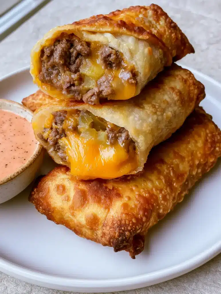Cheeseburger Eggrolls with Zesty Secret Dipping Sauce 1 A handheld shot of a cheeseburger eggroll being dipped into a pinkish-orange sauce.