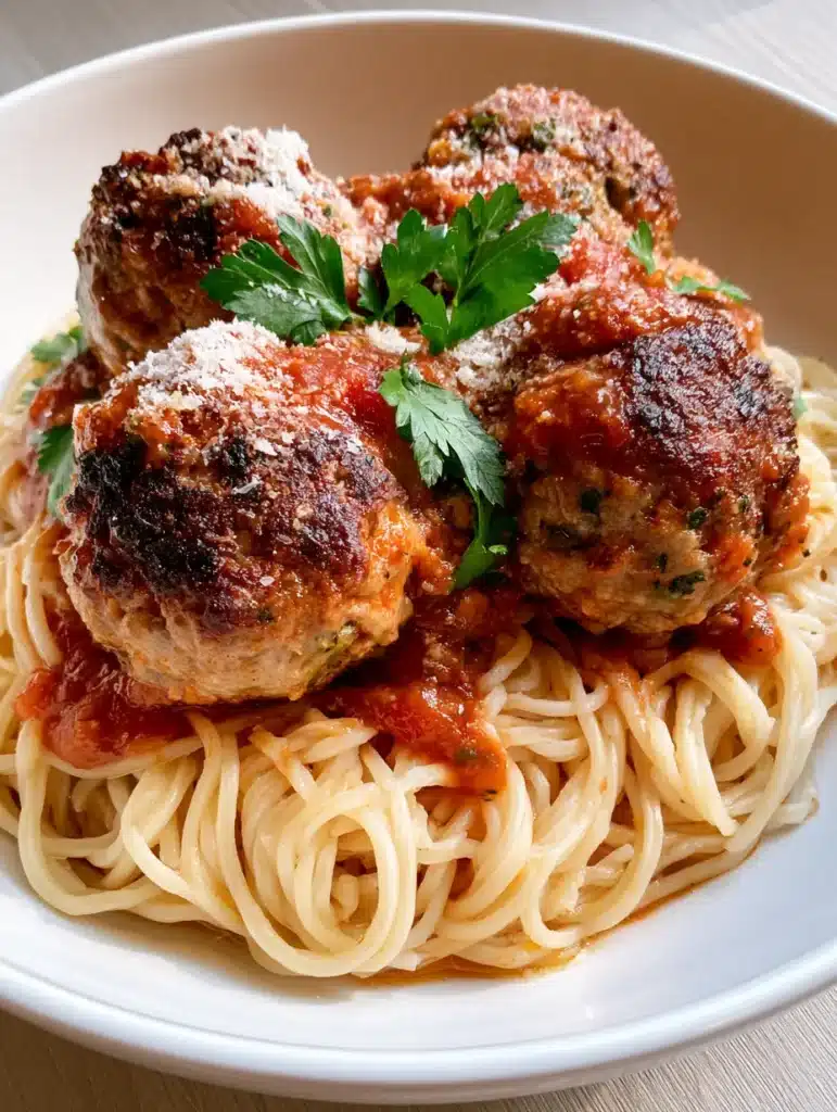 A shallow pasta bowl containing Italian Meatballs, showing the thick tomato chunks in the marinara and snow-white parmesan garnish.