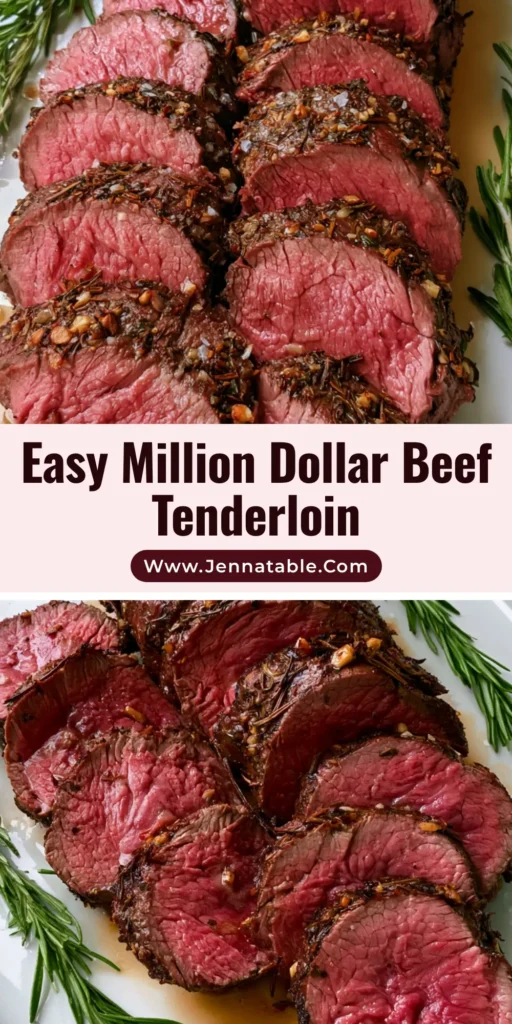 Million Dollar Beef Tenderloin: The Ultimate Guide to a Perfect Herb-Crusted Roast 5 Sliced Million Dollar Beef Tenderloin medallions on a white platter with fresh rosemary sprigs and au jus.