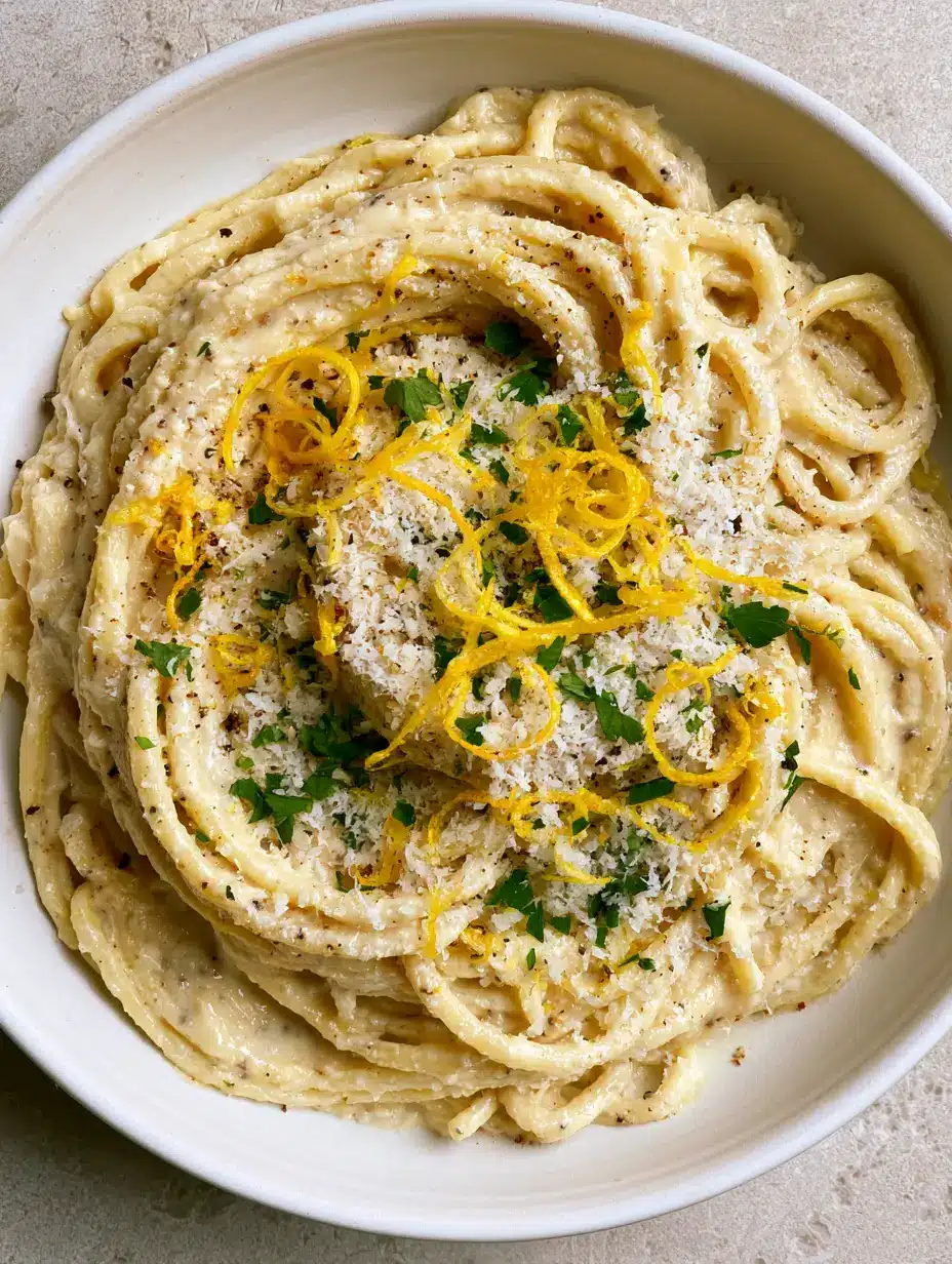 A close-up of glossy ivory pale sauce coating spaghetti noodles with yellow lemon zest. (Lemon Ricotta Spaghetti)