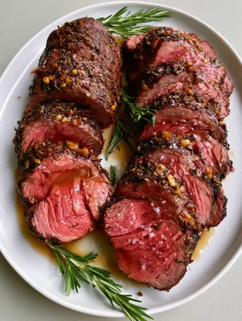 Million Dollar Beef Tenderloin: The Ultimate Guide to a Perfect Herb-Crusted Roast 2 A close-up of Million Dollar Beef Tenderloin showing the dark herb crust and pink medium-rare center.