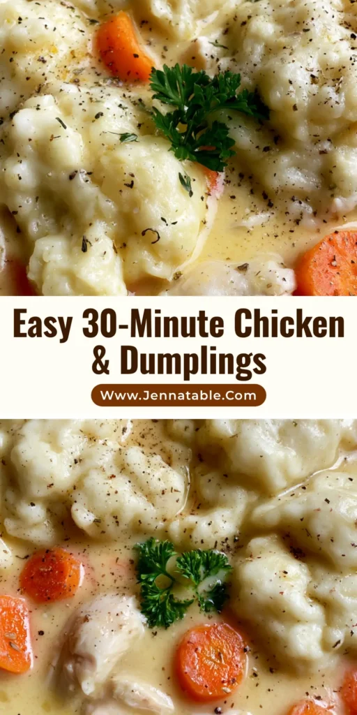 A rustic ceramic bowl of creamy Chicken and Dumplings with large fluffy white dumplings and bright orange carrots in a pale yellow gravy.