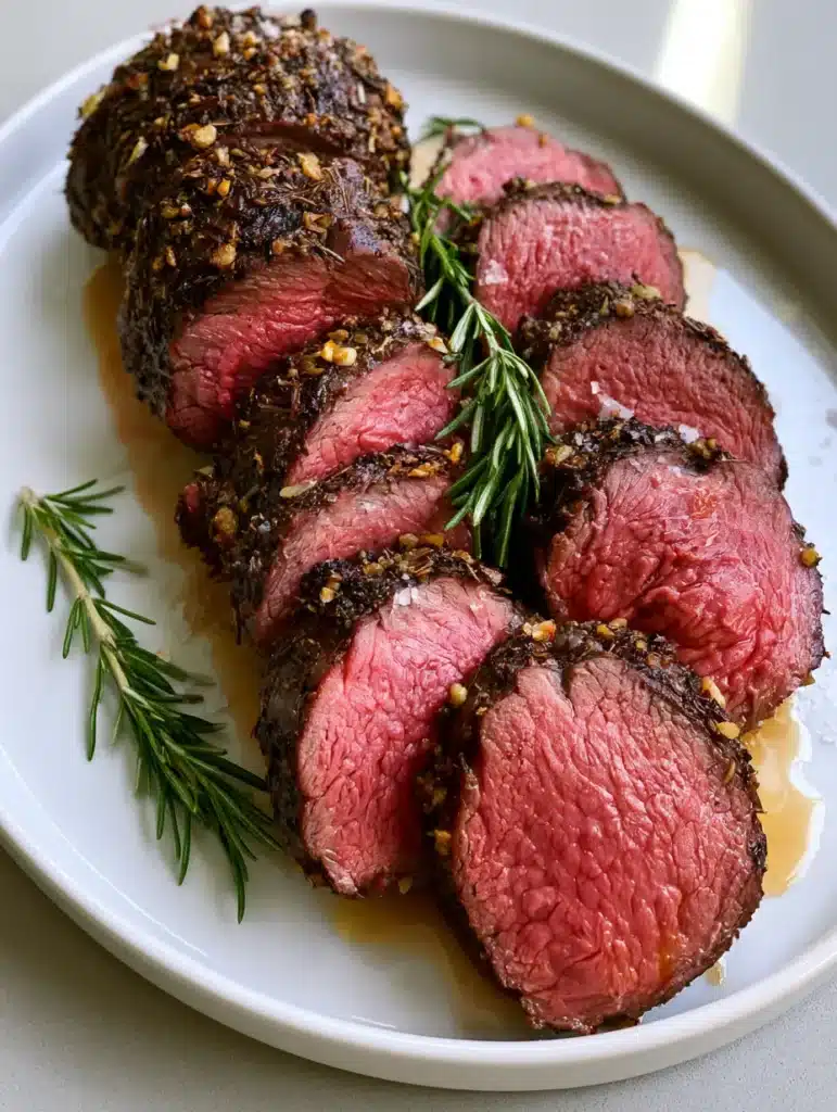 Million Dollar Beef Tenderloin: The Ultimate Guide to a Perfect Herb-Crusted Roast 1 Handheld photo of Million Dollar Beef Tenderloin medallions on a white ceramic platter with glossy au jus.