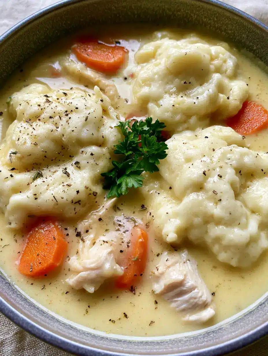 Top-down view of Chicken and Dumplings in a matte grey bowl with fresh parsley garnish and cracked black pepper.