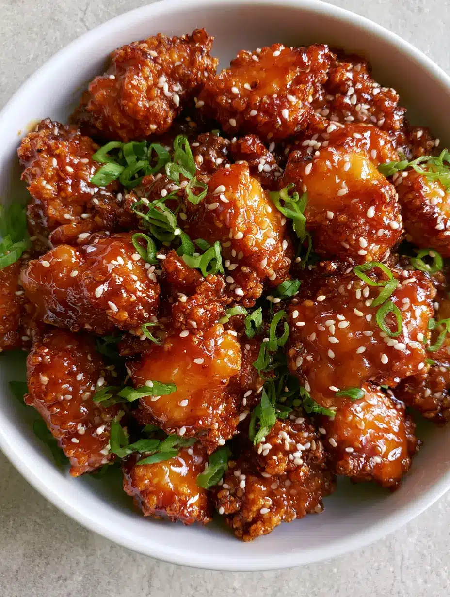 Top-down view of Baked Honey Chicken in a ceramic bowl, showing the jagged crunchy crust and translucent amber glaze.