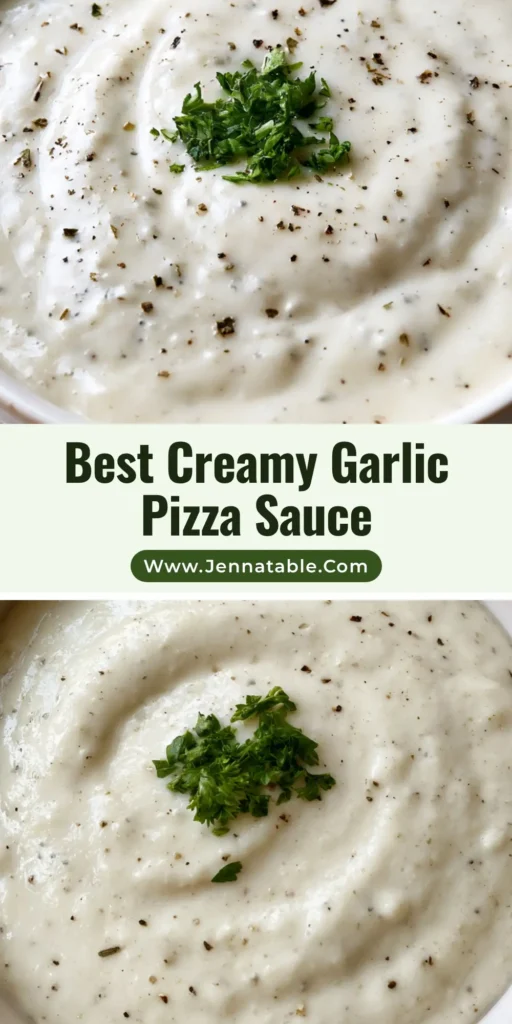 A close-up shot of White Garlic Pizza Sauce in a rustic ramekin, showing a thick glossy texture and herb flecks.
