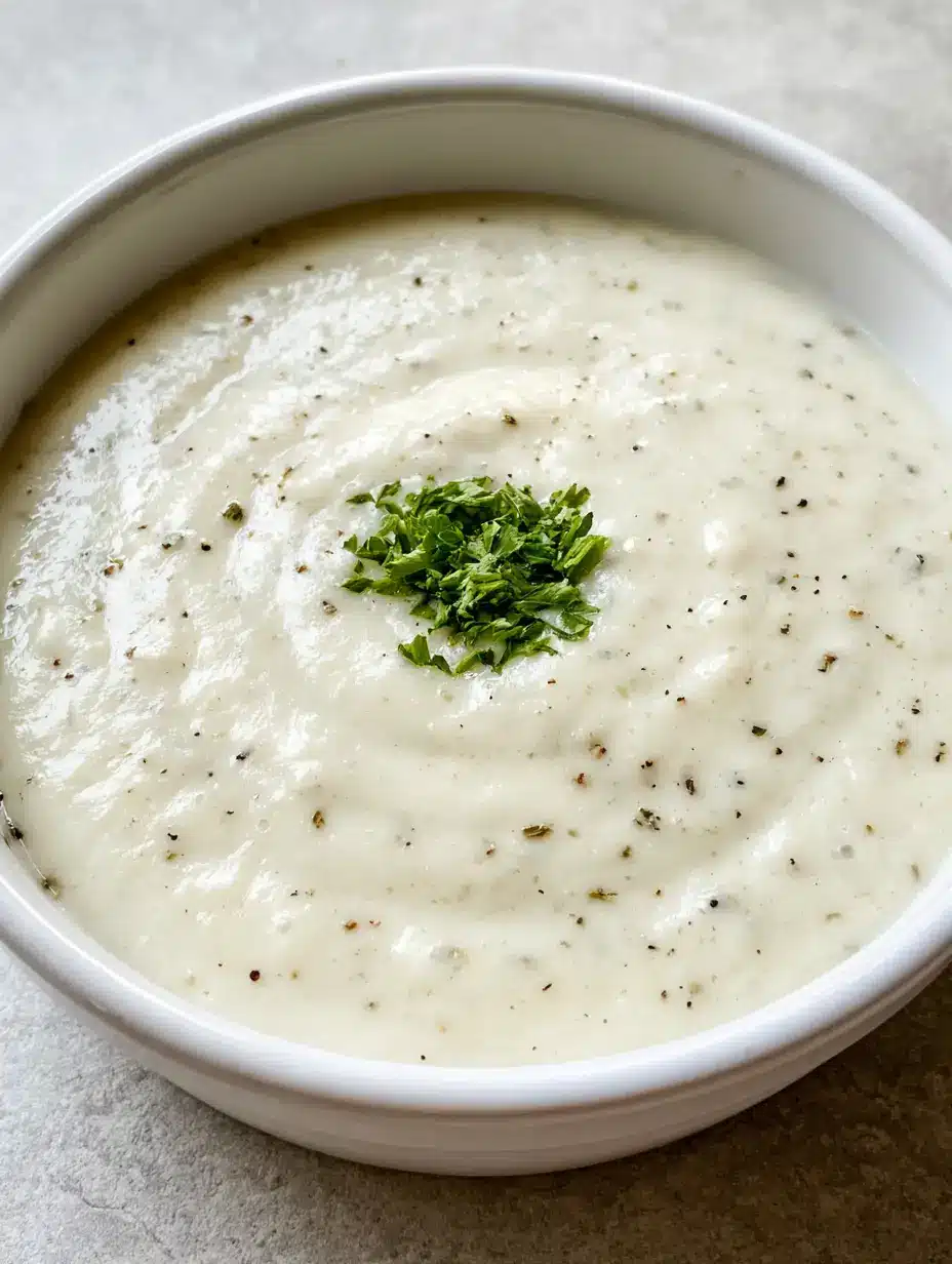 Velvety White Garlic Pizza Sauce with visible black pepper and oregano flecks in a white ramekin.