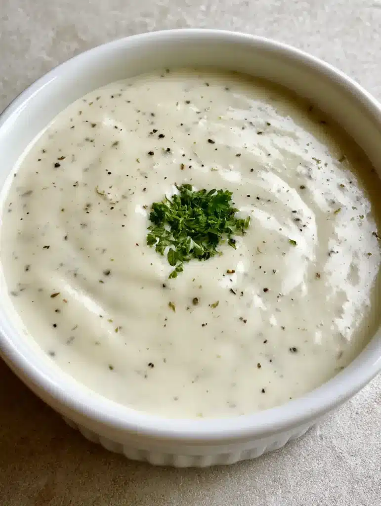 Overhead view of White Garlic Pizza Sauce with a tiny parsley garnish on a stone surface.