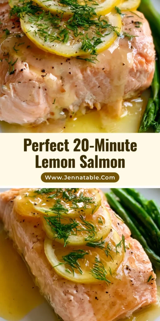 A minimalist white plate featuring a thick poached salmon fillet drizzled with glossy yellow lemon sauce, garnished with dill, lemon slices, and asparagus tips. (Poached Salmon with Lemon Sauce)