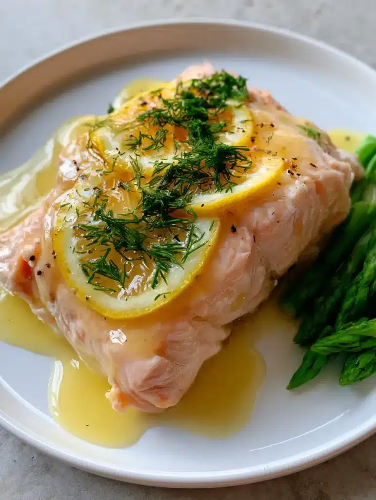 Overhead vertical photo of tender poached salmon with translucent lemon butter sauce and fresh dill on a gray stone surface. (Poached Salmon with Lemon Sauce)