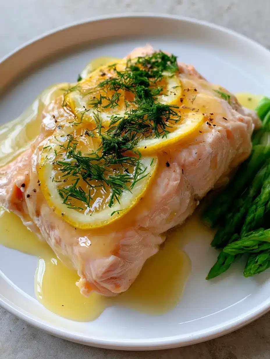 Overhead vertical photo of tender poached salmon with translucent lemon butter sauce and fresh dill on a gray stone surface. (Poached Salmon with Lemon Sauce)