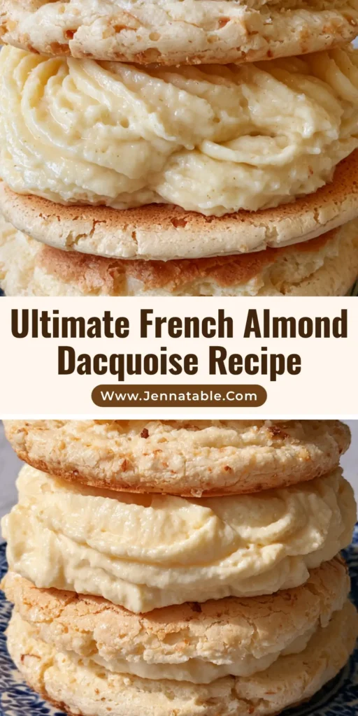 A handheld smartphone photo of a stack of French Almond Cookies on a blue and white ceramic plate, showing thick oval meringue layers and toasted almond cream.