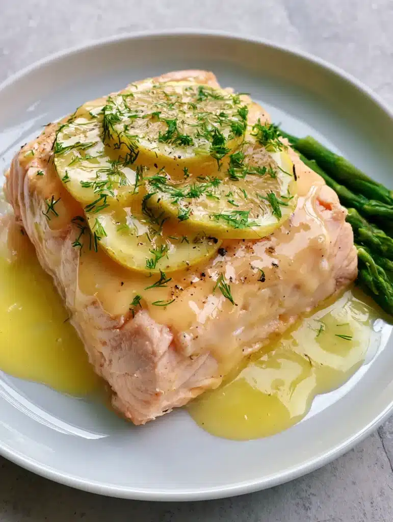 Close-up of glossy lemon butter sauce pooling around a salmon fillet garnished with cracked black pepper and fresh lemon half-slices. (Poached Salmon with Lemon Sauce)