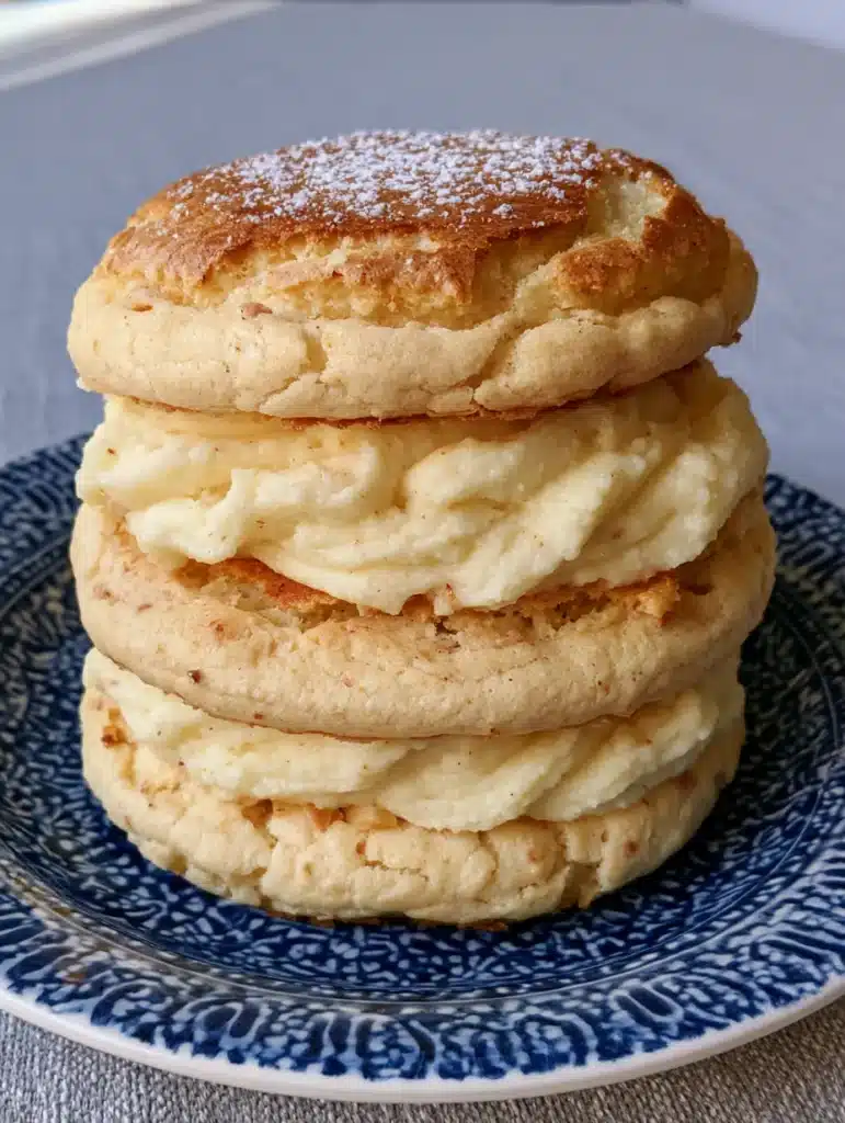 A vertical photo of French Almond Cookies dusted with powdered sugar on a grey linen tablecloth.