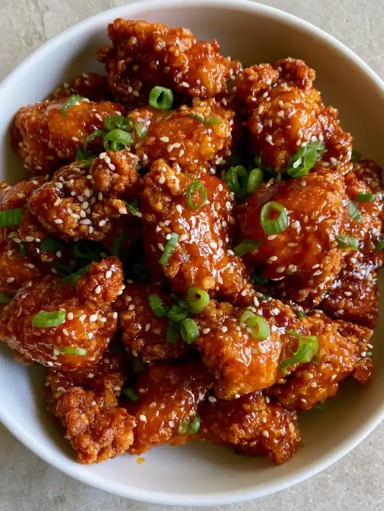 Macro view of Baked Honey Chicken bites garnished with bright green scallions and toasted white sesame seeds.