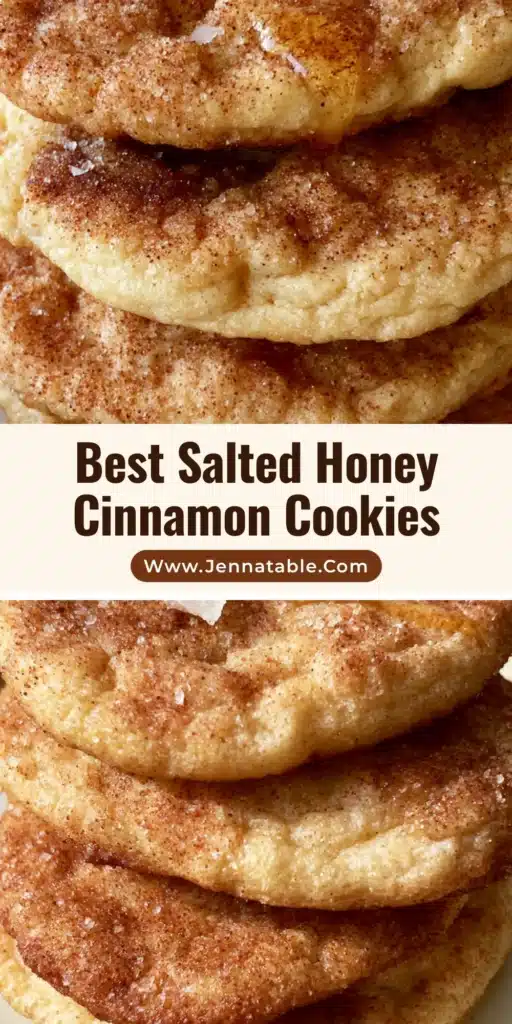 Salted Honey Cinnamon Cookies: The Ultimate Recipe for Soft-Baked Perfection 4 A tall stack of Salted Honey Cinnamon Cookies with visible honey drizzle and sea salt flakes on a matte plate.