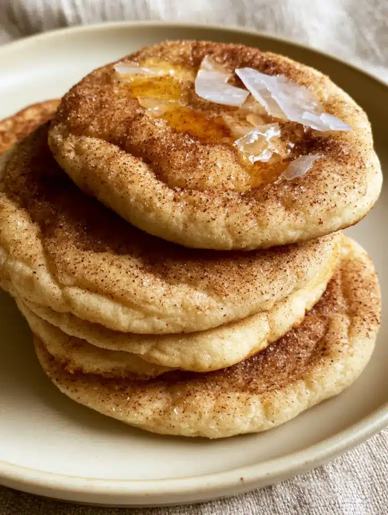 Handheld smartphone photo of a stack of golden-tan Salted Honey Cinnamon Cookies with a rustic crinkled texture.