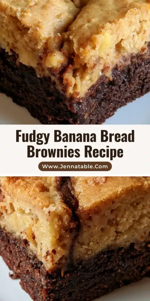 A close-up shot of thick Banana Bread Brownies showing a dark fudgy bottom and a golden banana top on a white plate.