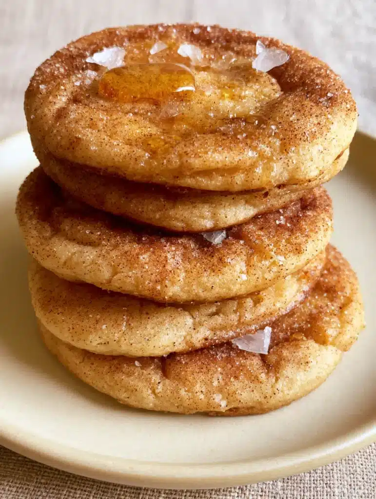 Salted Honey Cinnamon Cookies: The Ultimate Recipe for Soft-Baked Perfection 1 Close-up of Salted Honey Cinnamon Cookies showing granulated sugar crystals and large Maldon sea salt flakes.