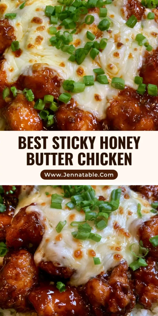 A square olive-green ceramic dish filled with fluffy rice, topped with crispy dark amber glazed chicken and melted bubbly mozzarella with toasted spots. (Honey Butter Chicken Recipe)
