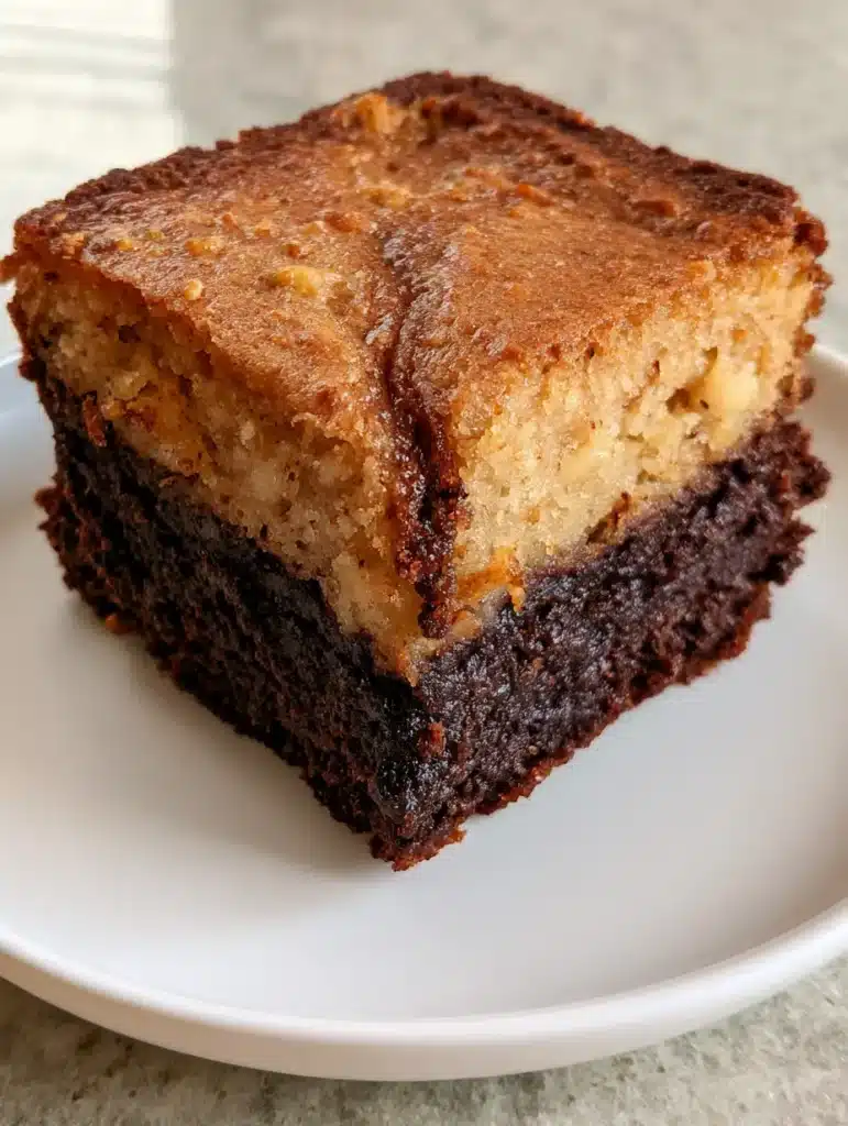 A square slice of Banana Bread Brownies sitting on a white ceramic plate and a grey stone countertop.