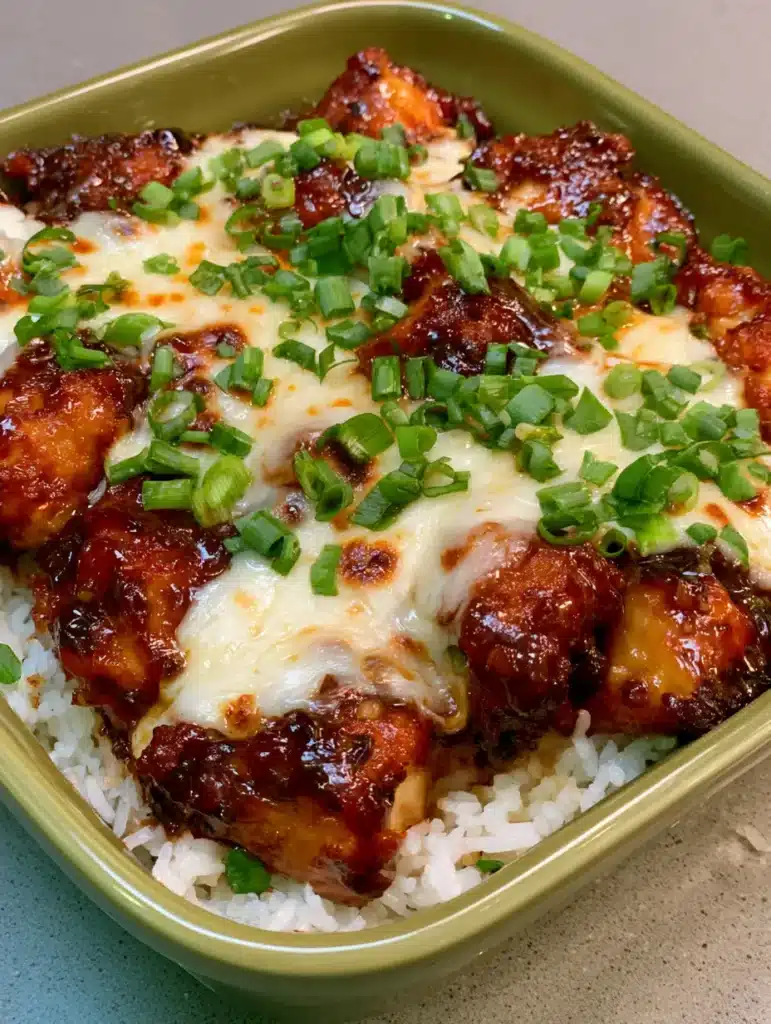 Close up handheld smartphone photo of glazed honey butter chicken chunks with scallions in a green ceramic dish. (Honey Butter Chicken Recipe)