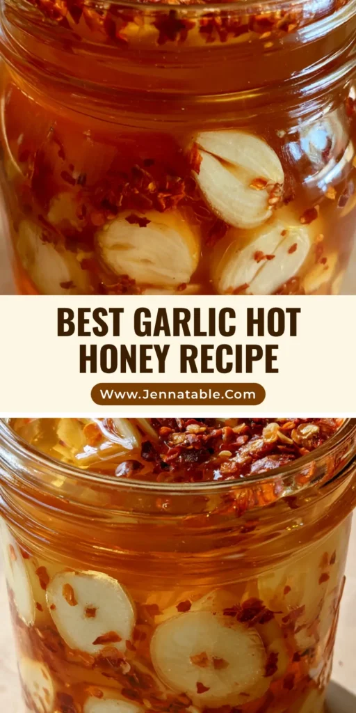 A clear glass mason jar on a light wood surface filled with amber Garlic Hot Honey Sauce, showing suspended garlic slices and red pepper flakes.