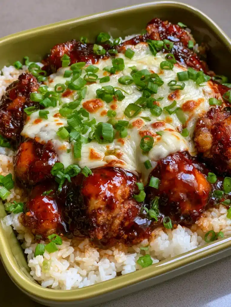 A top-down handheld photo of the completed Honey Butter Chicken Recipe with bubbly toasted mozzarella cheese.