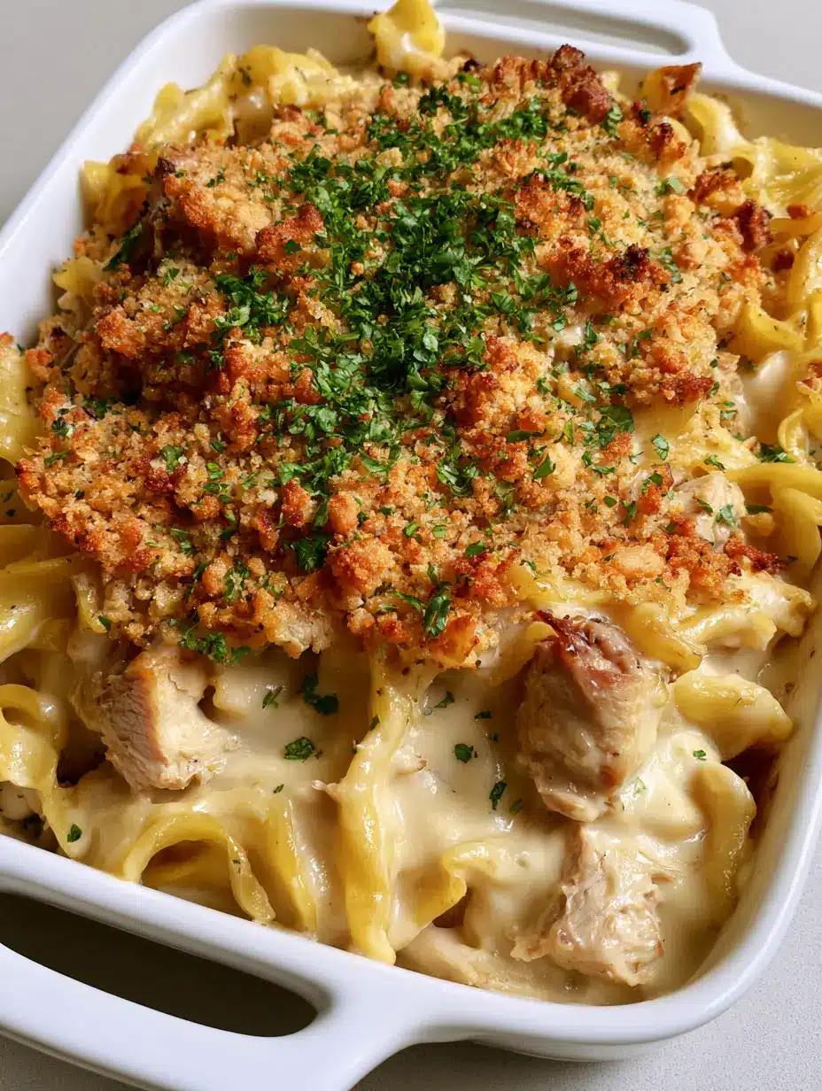 Overhead view of Chicken Noodle Casserole showing the wavy egg noodles and glossy ivory sauce under a golden crust.