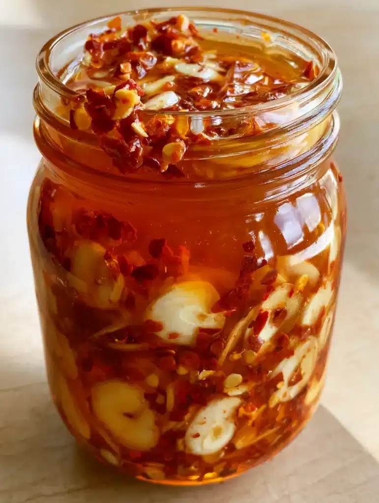 A close-up handheld smartphone photo of a mason jar filled with translucent amber Garlic Hot Honey Sauce, featuring visible garlic cross-sections.