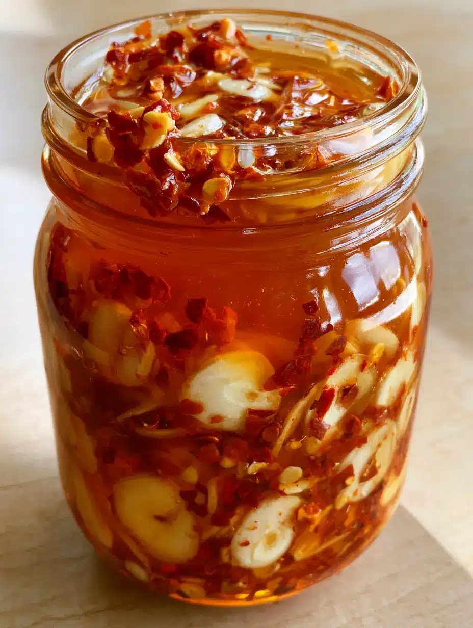 A close-up handheld smartphone photo of a mason jar filled with translucent amber Garlic Hot Honey Sauce, featuring visible garlic cross-sections.