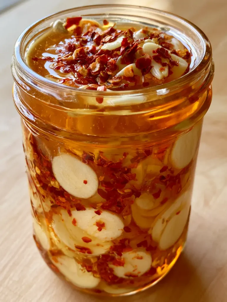 Natural lighting reflecting off a glass jar of Garlic Hot Honey Sauce, highlighting the thick viscous texture and dried red pepper flakes.