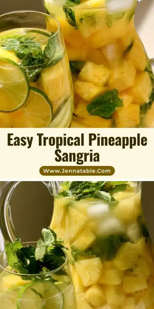 Pineapple Sangria: The Ultimate Refreshing Tropical White Wine Drink 3 A refreshing pitcher of Pineapple Sangria with large pineapple chunks, lime rounds, and mint leaves. (Pineapple Sangria)
