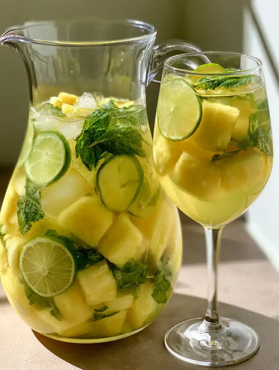 Pineapple Sangria: The Ultimate Refreshing Tropical White Wine Drink 4 A close-up shot of a stemmed wine glass filled with Pineapple Sangria, featuring clear ice and fresh mint. (Pineapple Sangria)
