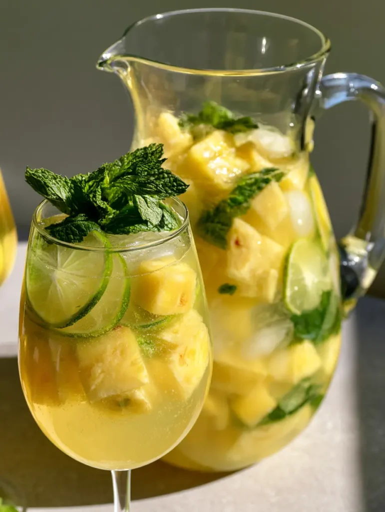 Pineapple Sangria: The Ultimate Refreshing Tropical White Wine Drink 1 A clear glass pitcher filled with pale yellow Pineapple Sangria, showing thin lime rounds and pineapple cubes.