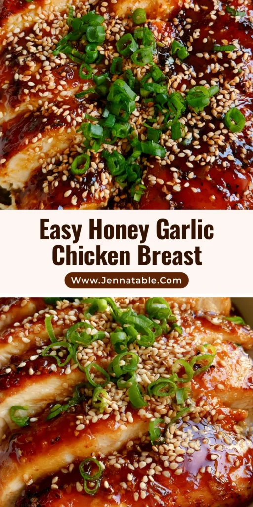 A handheld smartphone photo of sliced Honey Garlic Chicken Breasts in a white bowl with a dark amber glaze, sesame seeds, and scallions over rice.