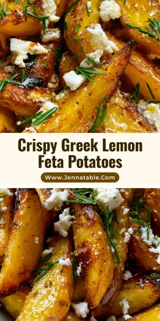 A rustic white bowl filled with crispy Greek Lemon Potatoes featuring charred edges, crumbled feta cheese, and fresh rosemary needles on a stone countertop.