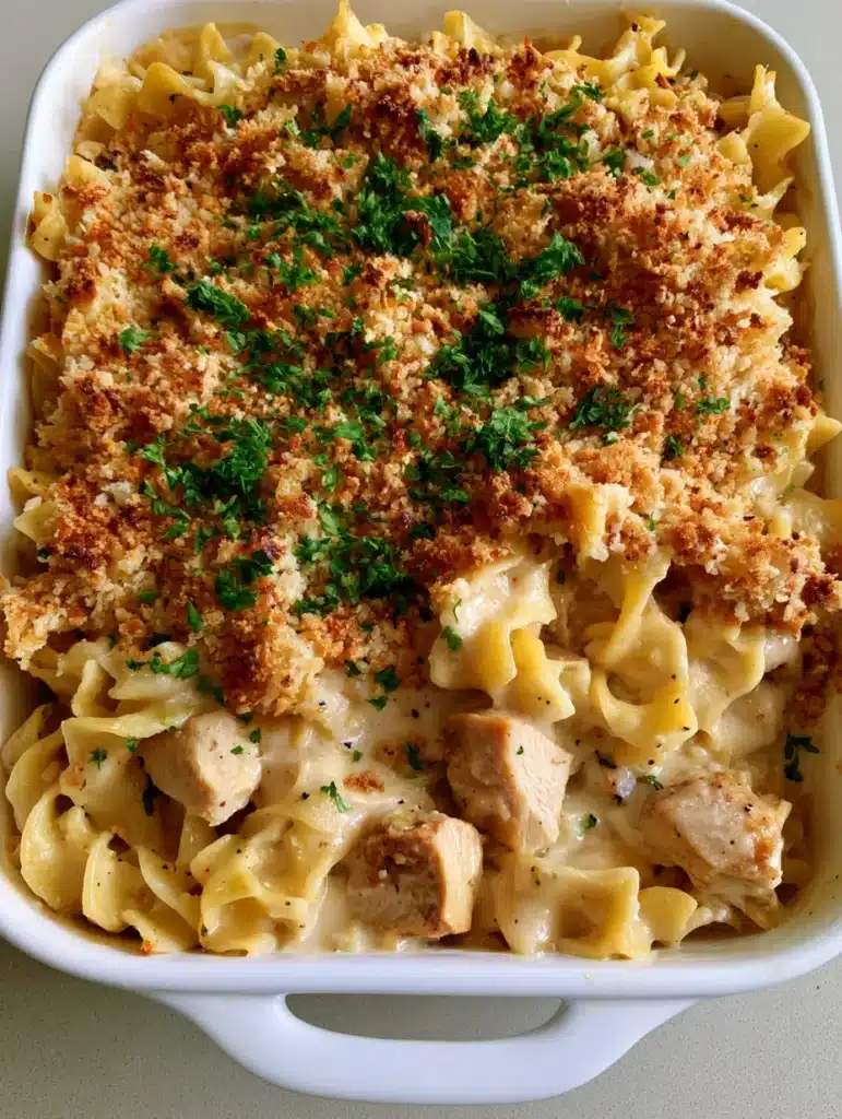 Close up of the toasted golden-brown panko breadcrumbs and fresh green parsley garnish on a Chicken Noodle Casserole.